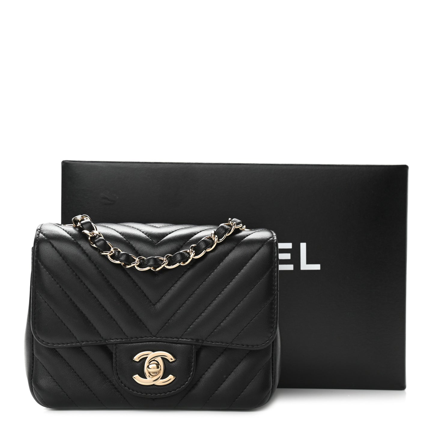 Lambskin Chevron Quilted Mini Square Flap Black