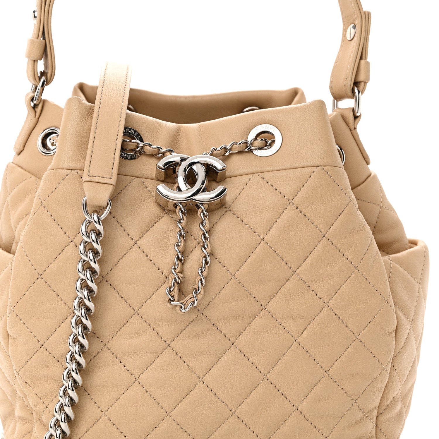 Chanel Lambskin Quilted Small CC Chain Bucket Drawstring Bag Light Beige 7 of 11