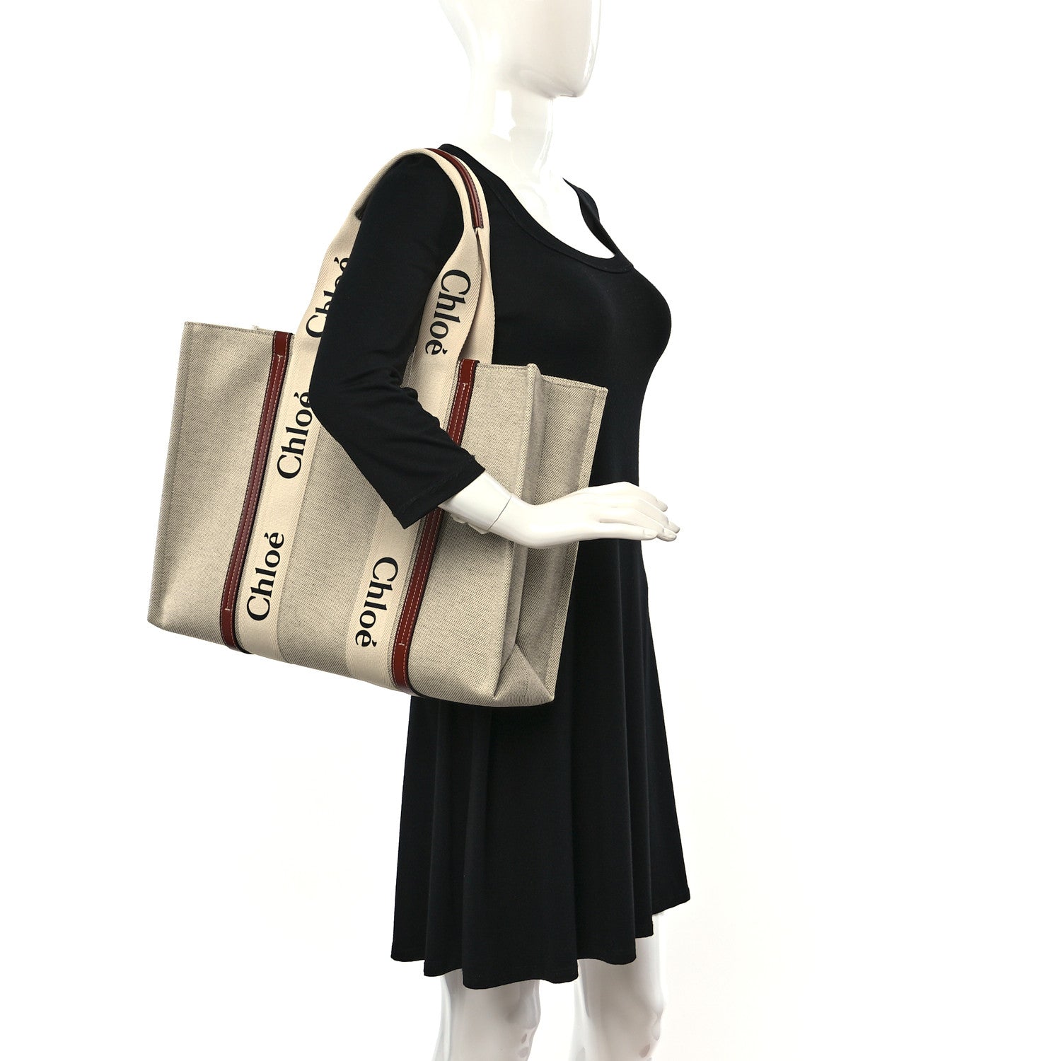 Chloe Cotton Calfskin Large Woody Ribbon Tote White Brown 2 of 10