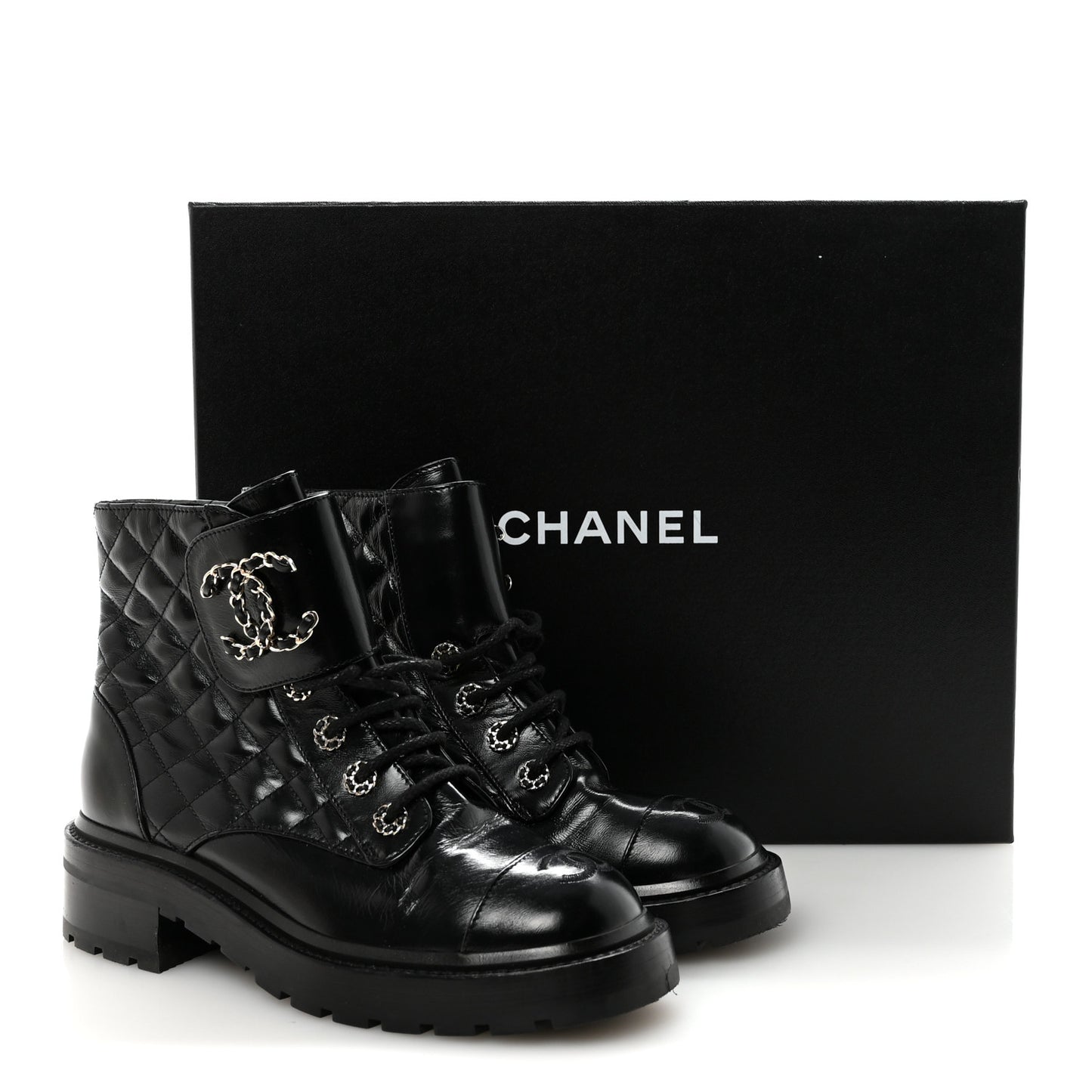 Shiny Calfskin Quilted Lace Up Combat Boots 37.5 Black