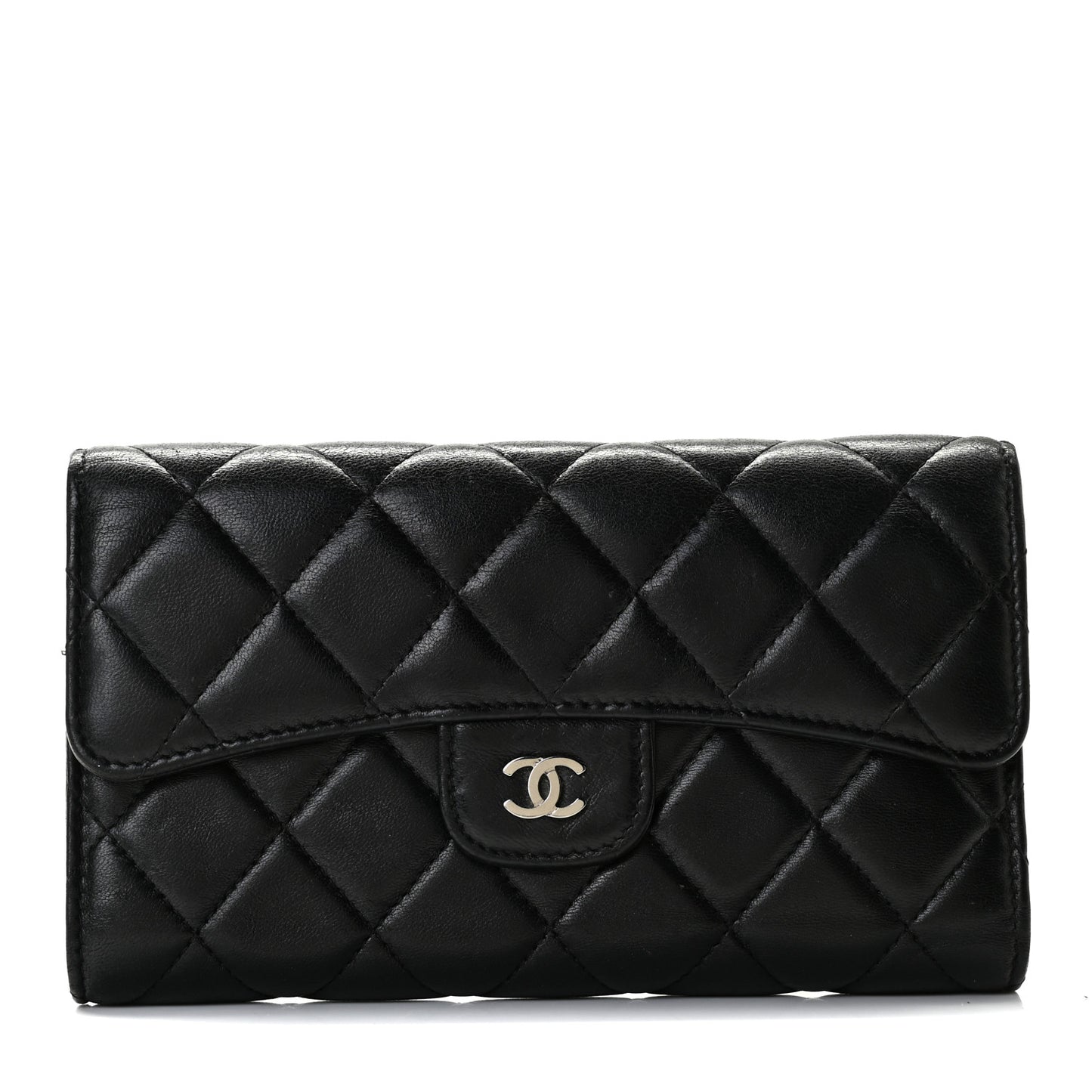 Lambskin Quilted Large Gusset Flap Wallet Black