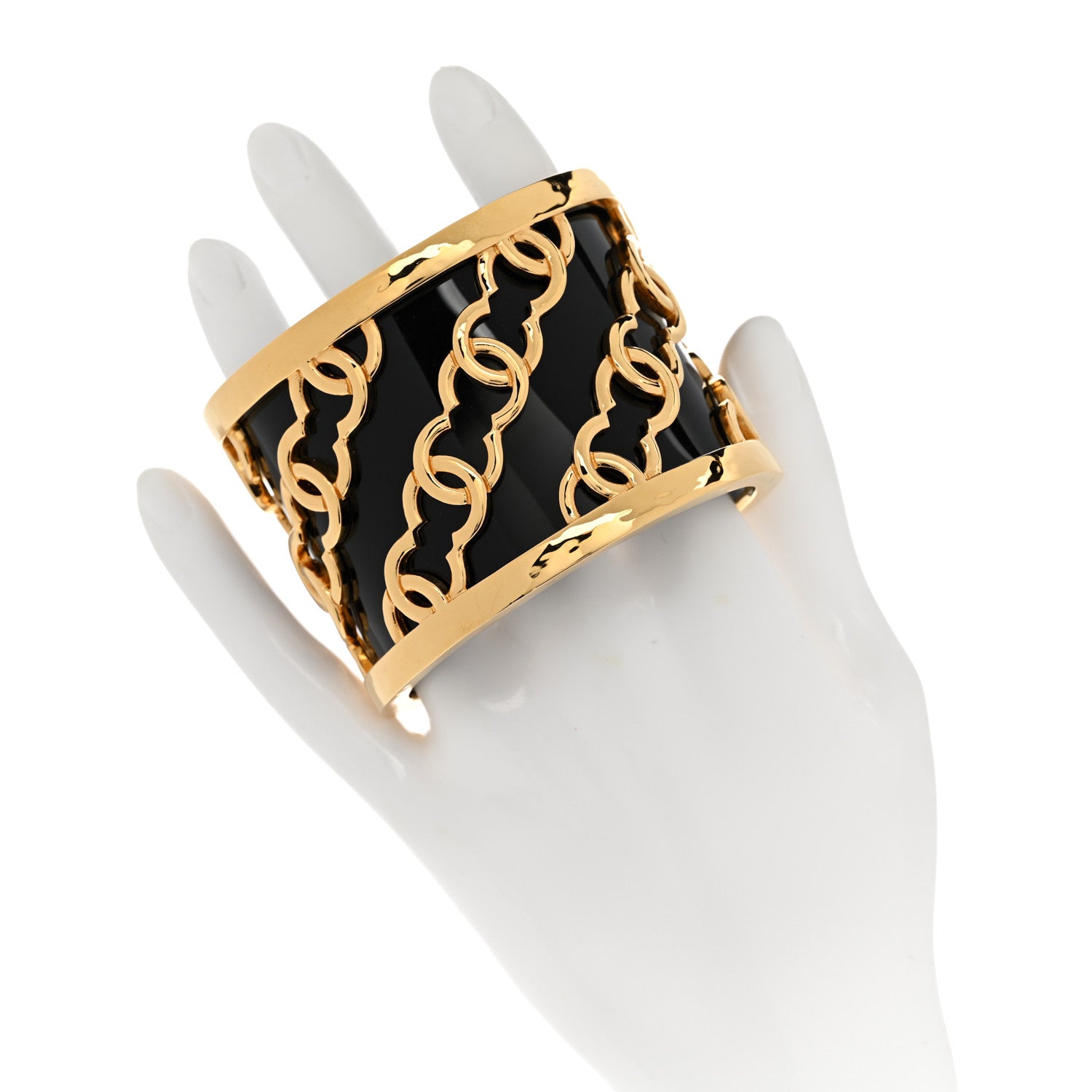Chanel Resin Metal CC Cuff Bracelet Gold Black 2 of 6