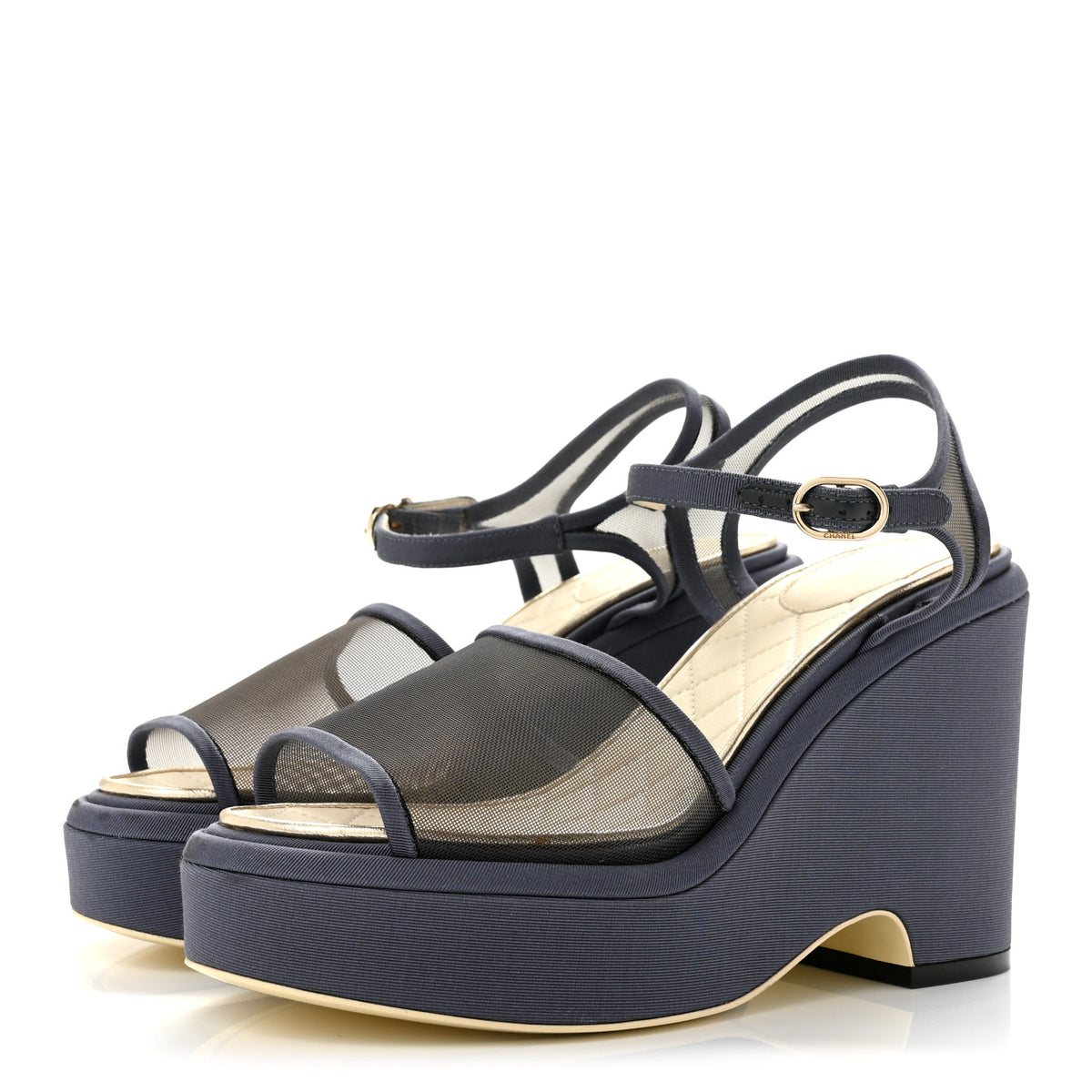 Chanel Mesh Grosgrain Wedge Sandals 37 Blue 4 of 11