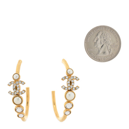 Chanel Crystal Pearl CC Hoop Earrings Gold Pearly White 2 of 4