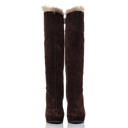 Gucci Suede Shearling Fur Microguccissima Courtney Tall Wedge Boots 38 Cocoa 2 of 10