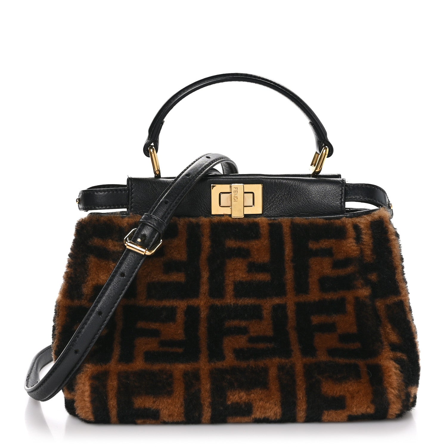 Fendi Shearling Nappa Macro FF 1974 Mini Peekaboo Iconic Satchel Tobacco Black 1 of 10