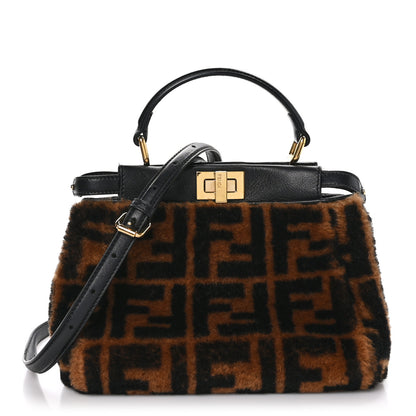 Fendi Shearling Nappa Macro FF 1974 Mini Peekaboo Iconic Satchel Tobacco Black 1 of 10
