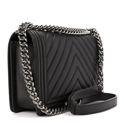 Chanel Calfskin Chevron Quilted New Medium Boy Flap Dark Grey 3 of 11