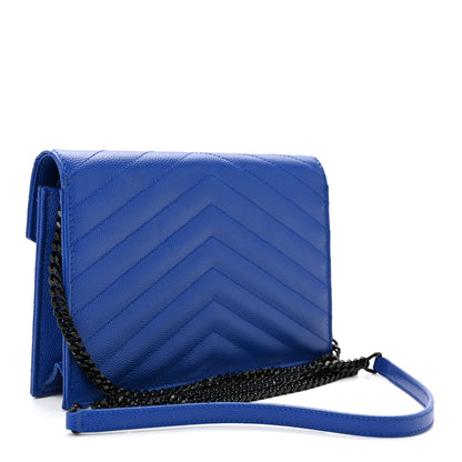Saint Laurent Grain De Poudre Matelasse Chevron Monogram Envelope Chain Wallet Blue Majorelle 3 of 11