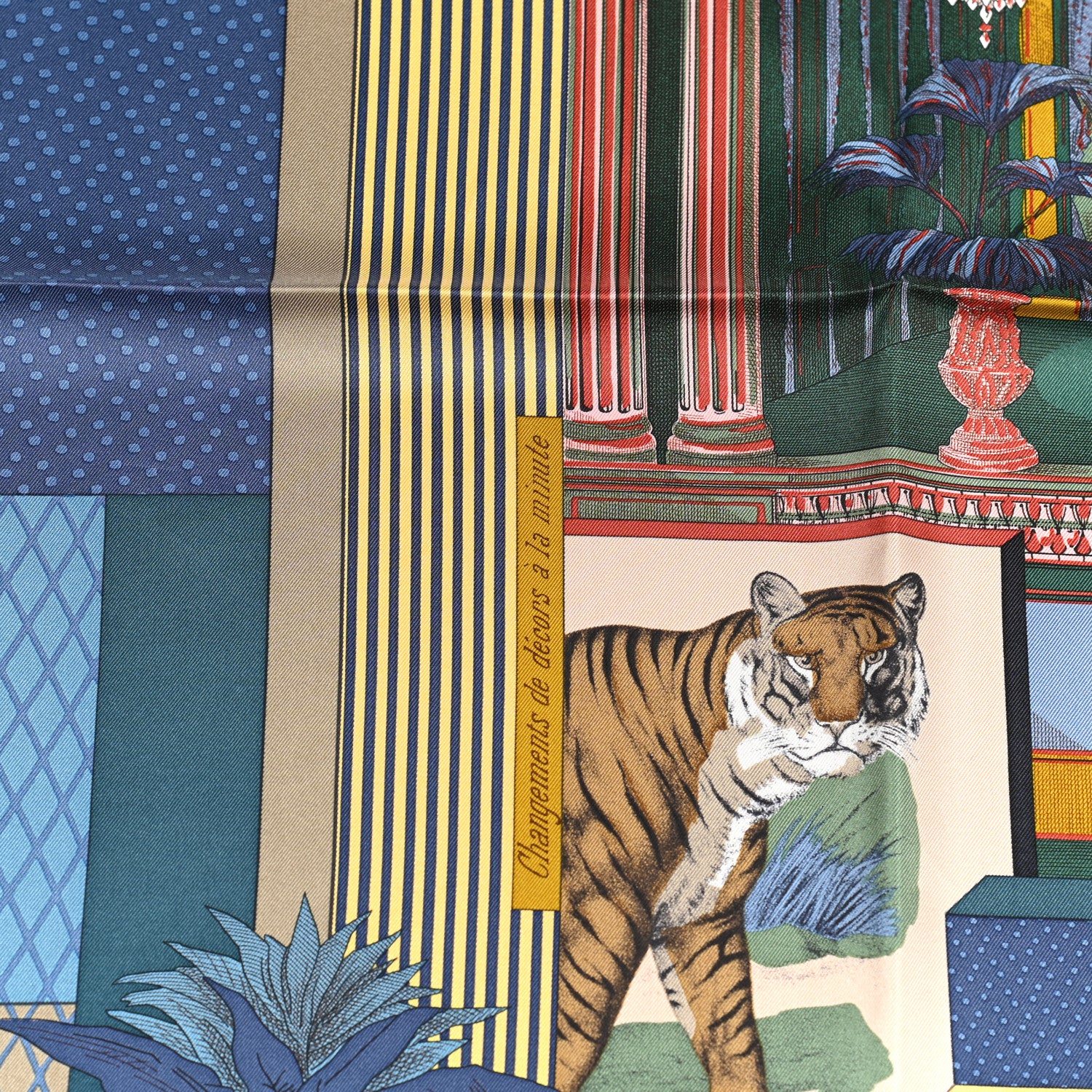 Hermes Silk Twill Grande Theatre Nouveau Scarf 90 Bleu Jean Vert Moutarde 6 of 7