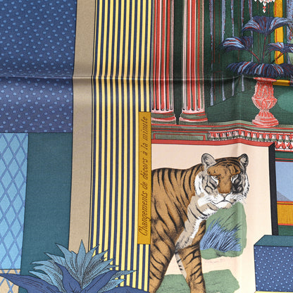 Hermes Silk Twill Grande Theatre Nouveau Scarf 90 Bleu Jean Vert Moutarde 6 of 7