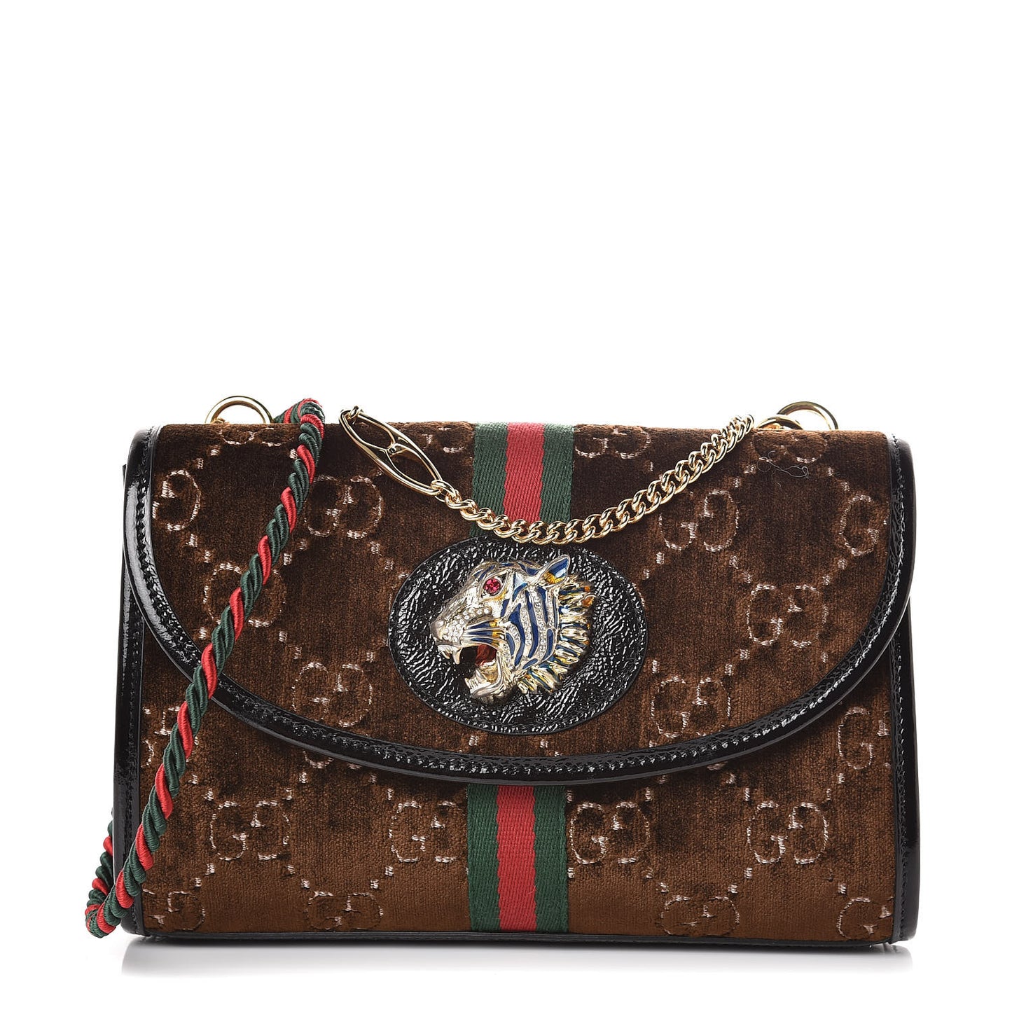 Velvet GG Monogram Web Small Rajah Slim Flap Shoulder Bag Brown Black