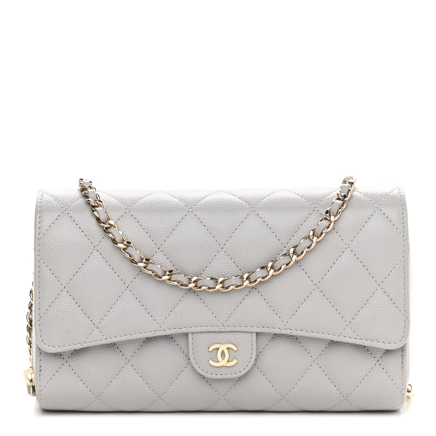 Caviar Quilted Phone Holder Wallet on Removable Chain Grey