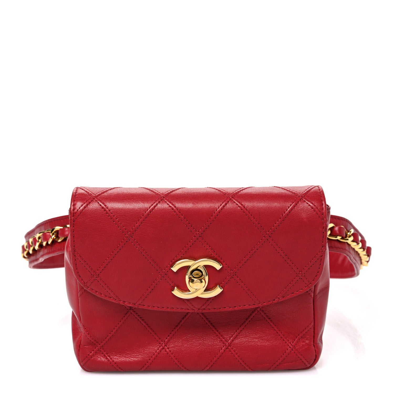 Chanel Lambskin Diamond Stitched Waist Chain Belt Flap Bag 75 30 Red 1 of 10
