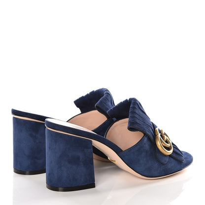 Gucci Kid Scamosciato GG Marmont Fringe 75mm Slide Sandals 37.5 Blue Ink 5 of 11