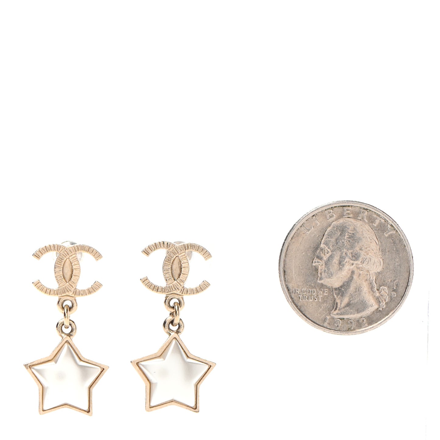 Metal Resin Pearl Star CC Drop Earrings Gold Pearly White
