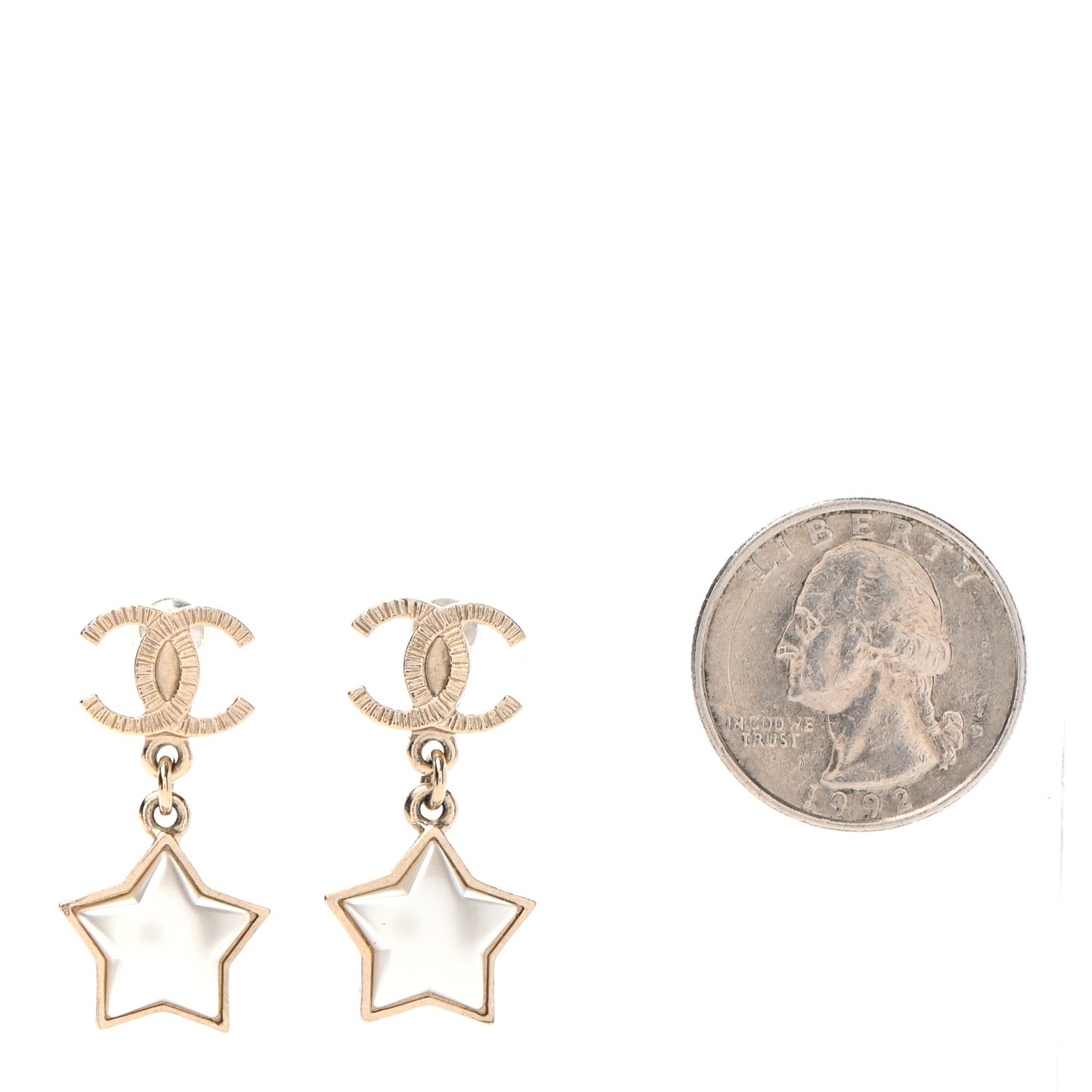 Chanel Metal Resin Pearl Star CC Drop Earrings Gold Pearly White 2 of 5