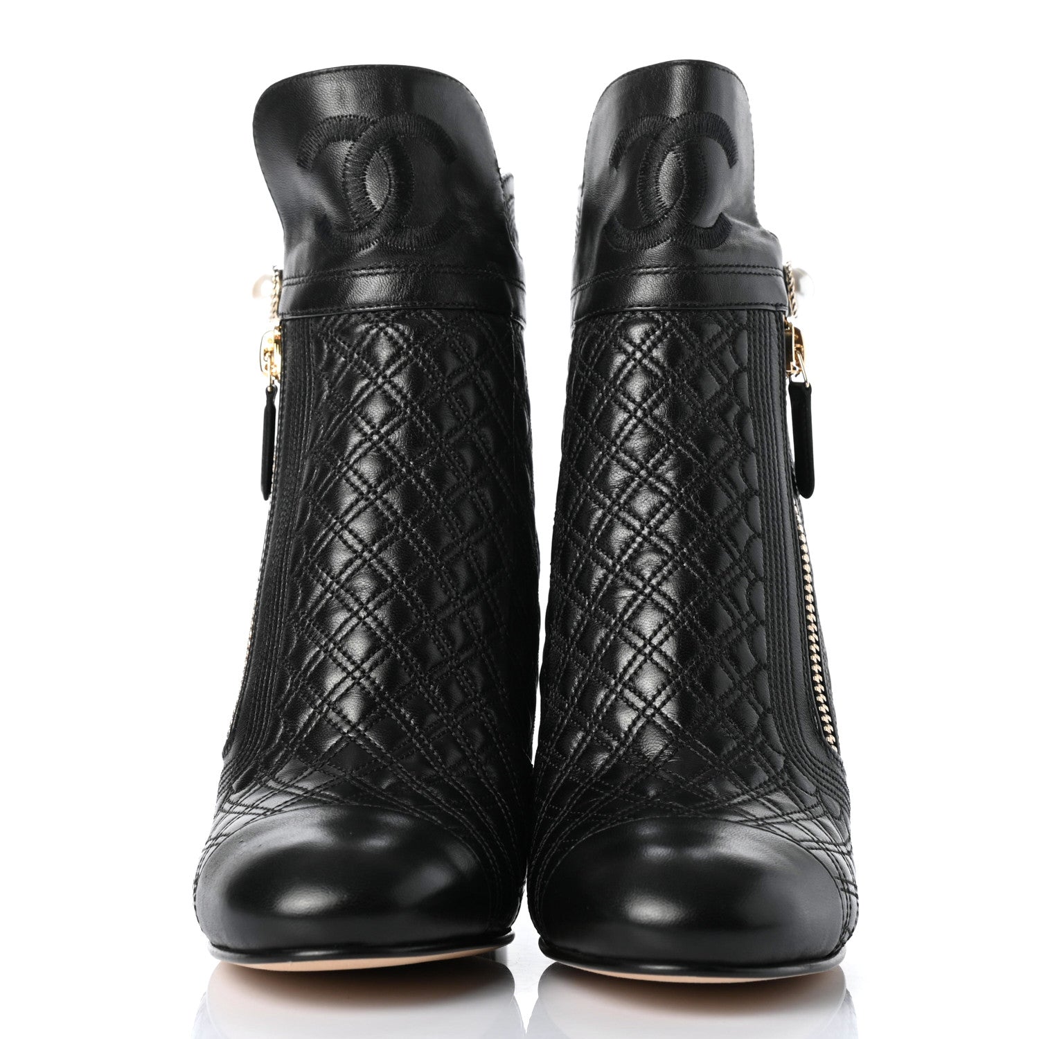 Chanel Lambskin Quilted Pearl CC Cap Toe Short Boots 40 Black 2 of 9