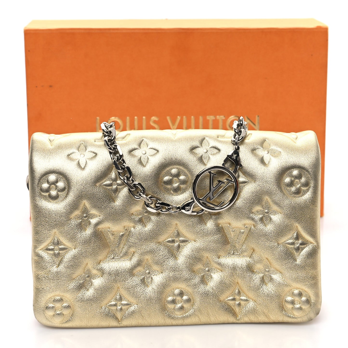 Metallic Lambskin Embossed Monogram Pochette Coussin Gold