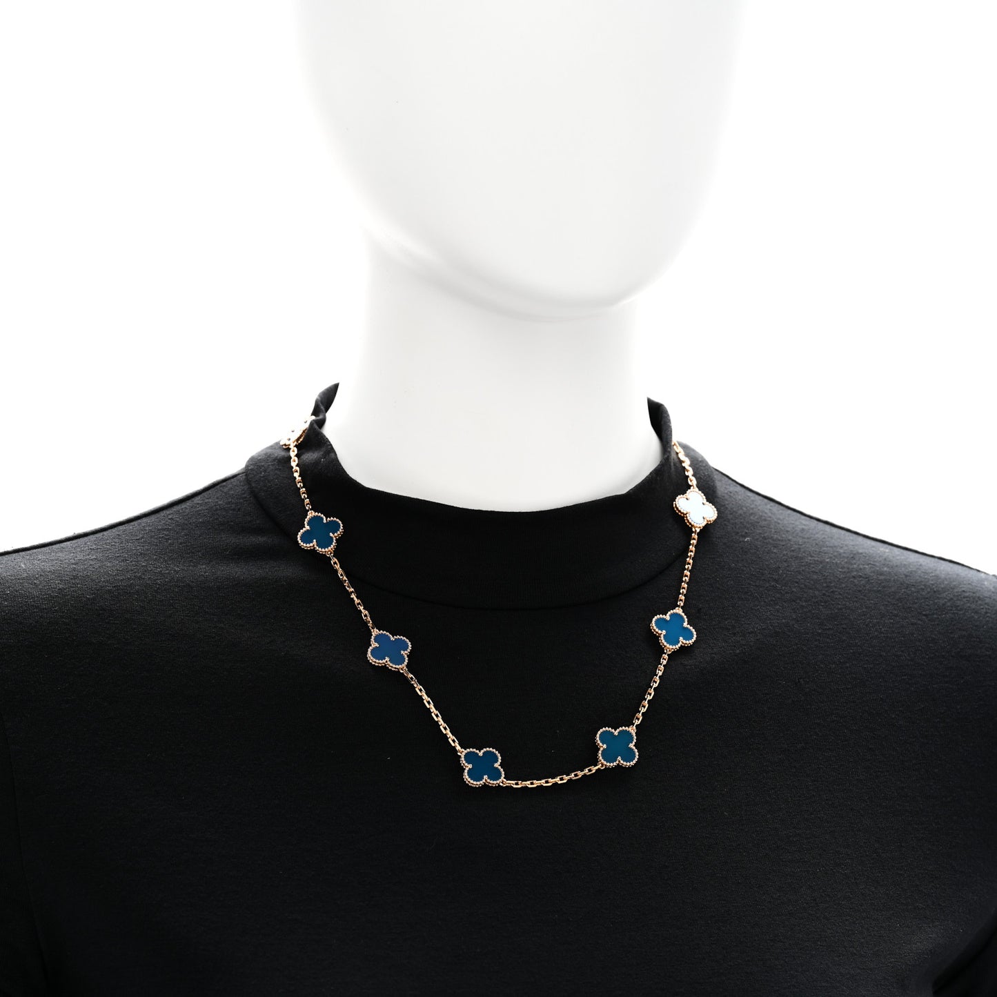 18K Yellow Gold Blue Agate 10 Motifs Vintage Alhambra Necklace