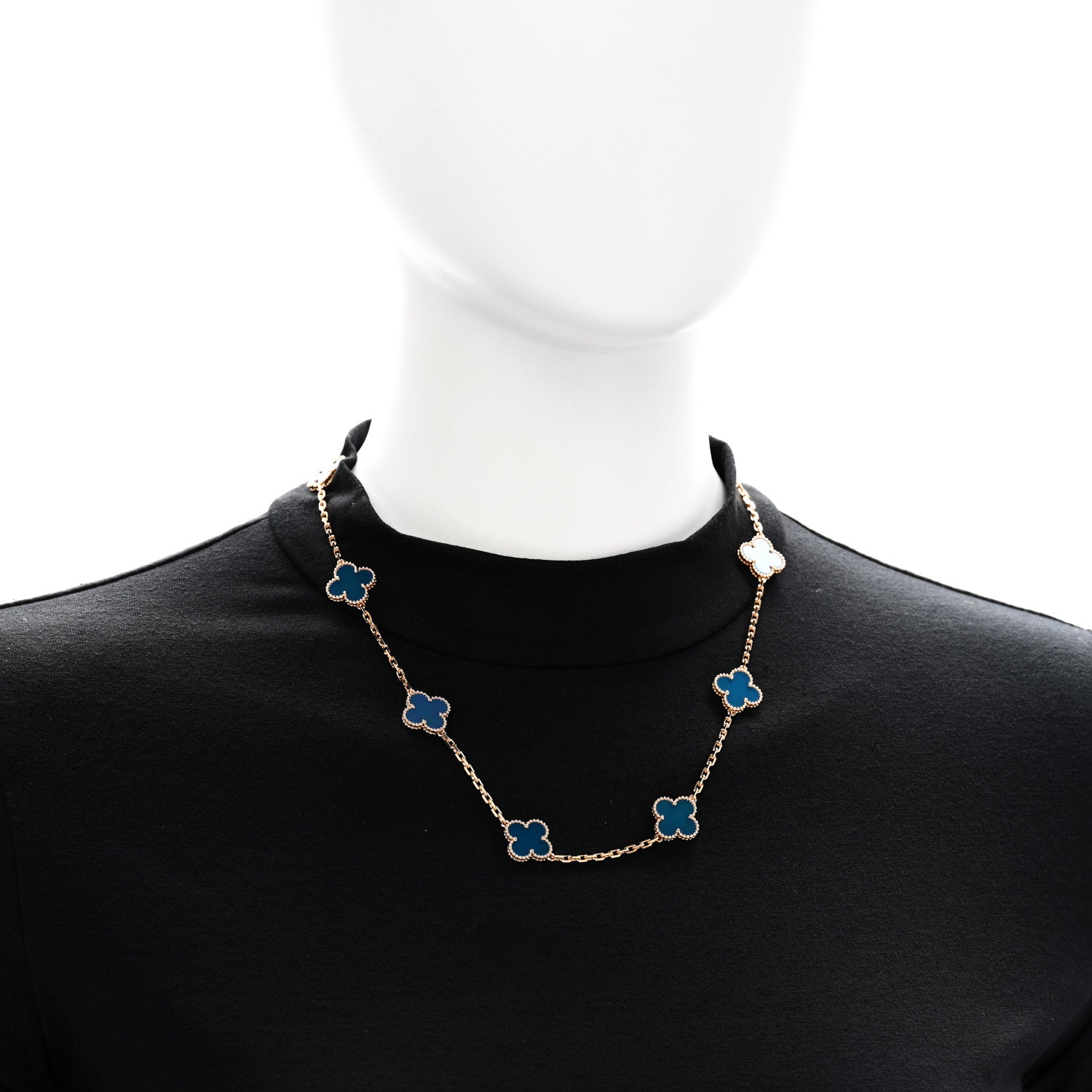 Van Cleef & Arpels 18K Yellow Gold Blue Agate 10 Motifs Vintage Alhambra Necklace 2 of 6