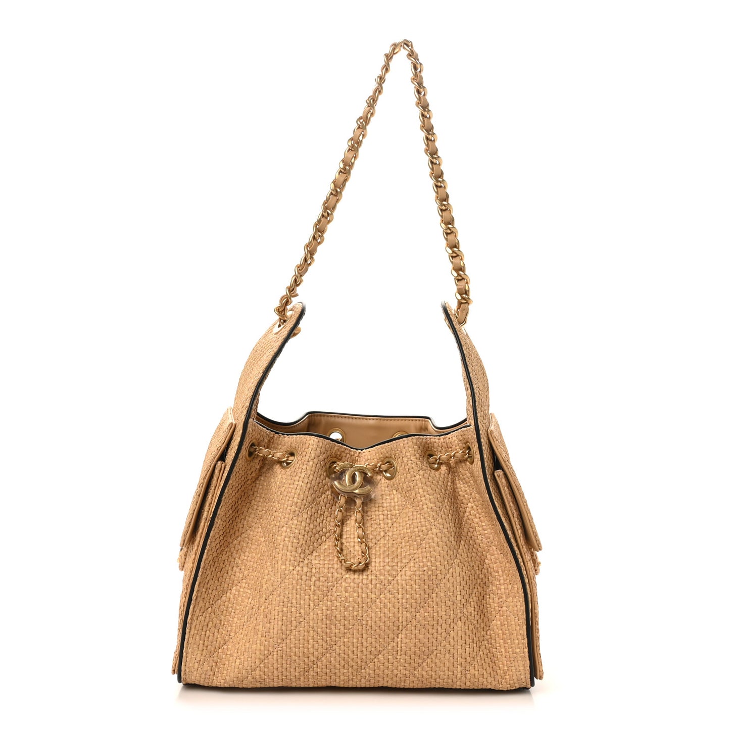 Braided Raffia Calfskin Quilted Small Chanel 25 Handbag Beige Black