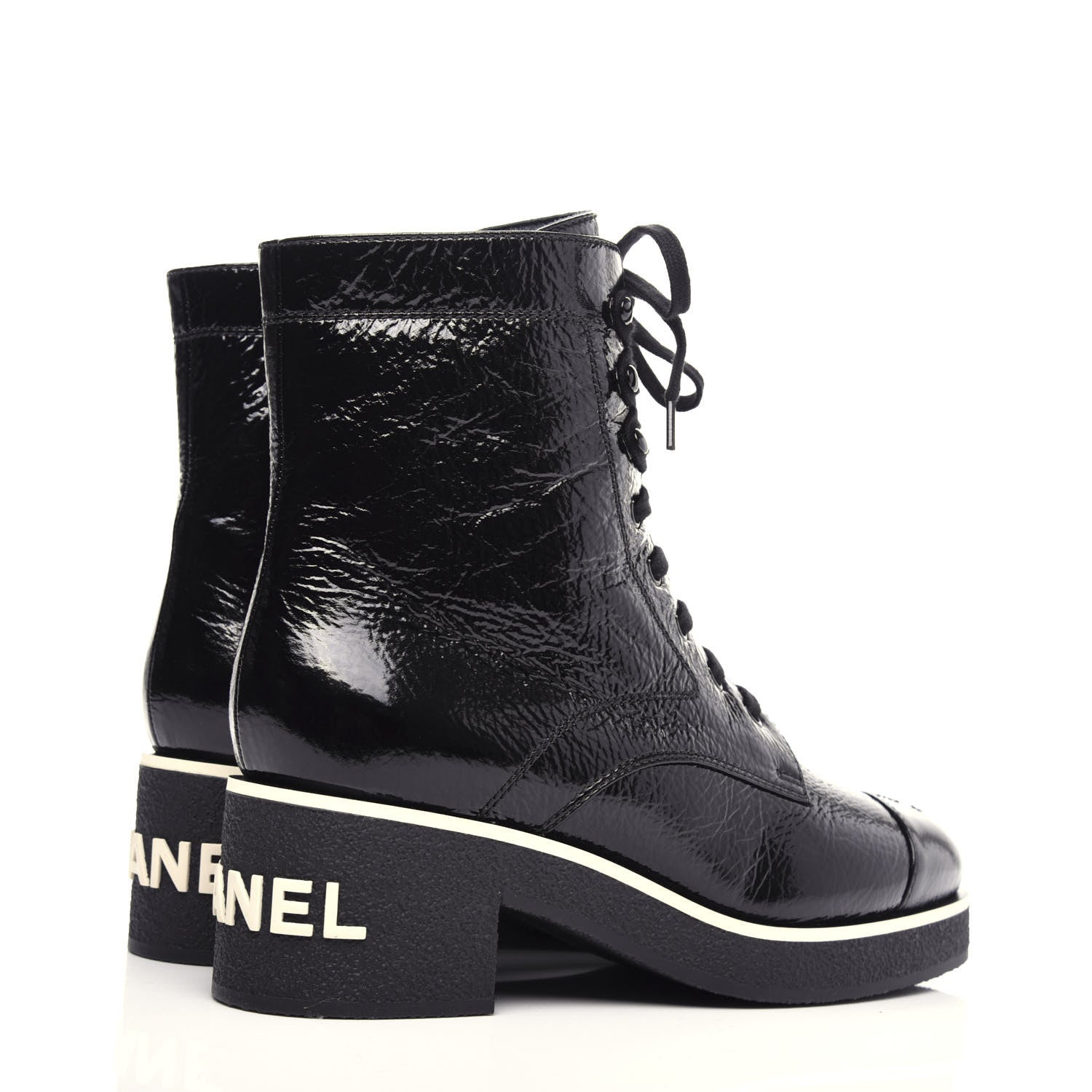 Chanel Shiny Crumpled Lambskin Lace Up Combat Boots 42 Black 4 of 11
