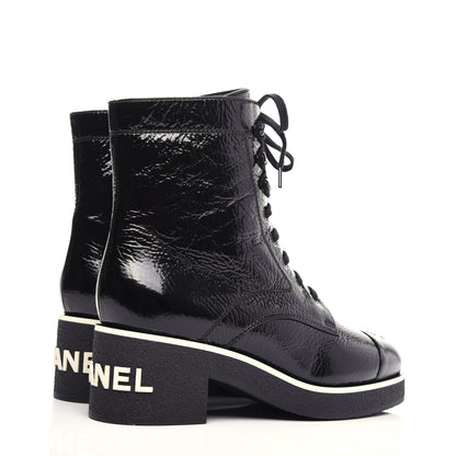 Chanel Shiny Crumpled Lambskin Lace Up Combat Boots 42 Black 4 of 11
