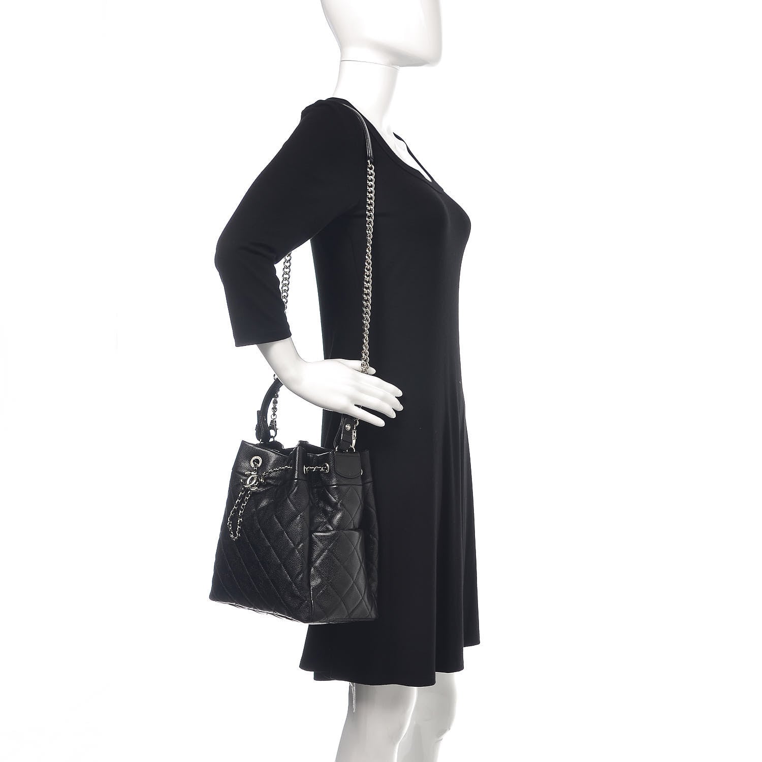 Chanel Grained Calfskin Quilted Medium CC Chain Bucket Drawstring Bag Black 2 of 9