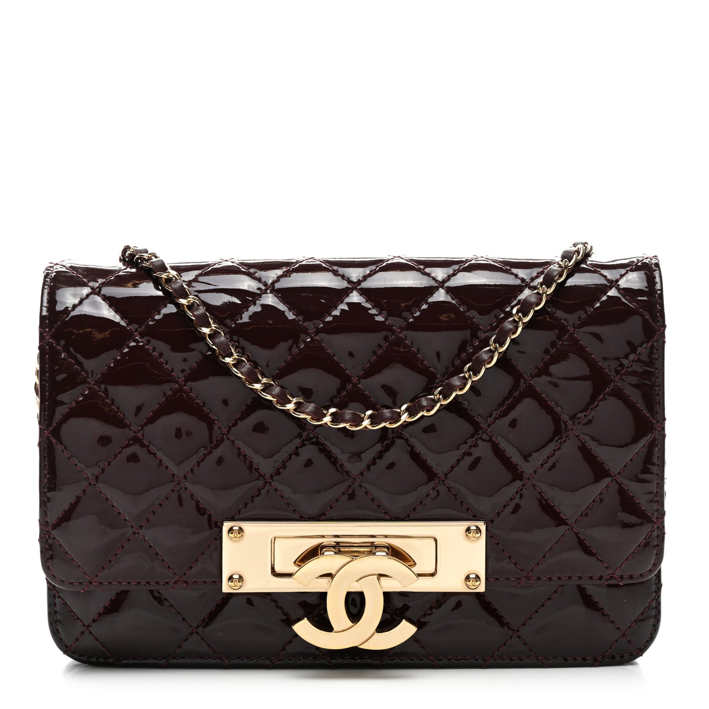 Patent Quilted Golden Class Wallet on Chain WOC Burgundy