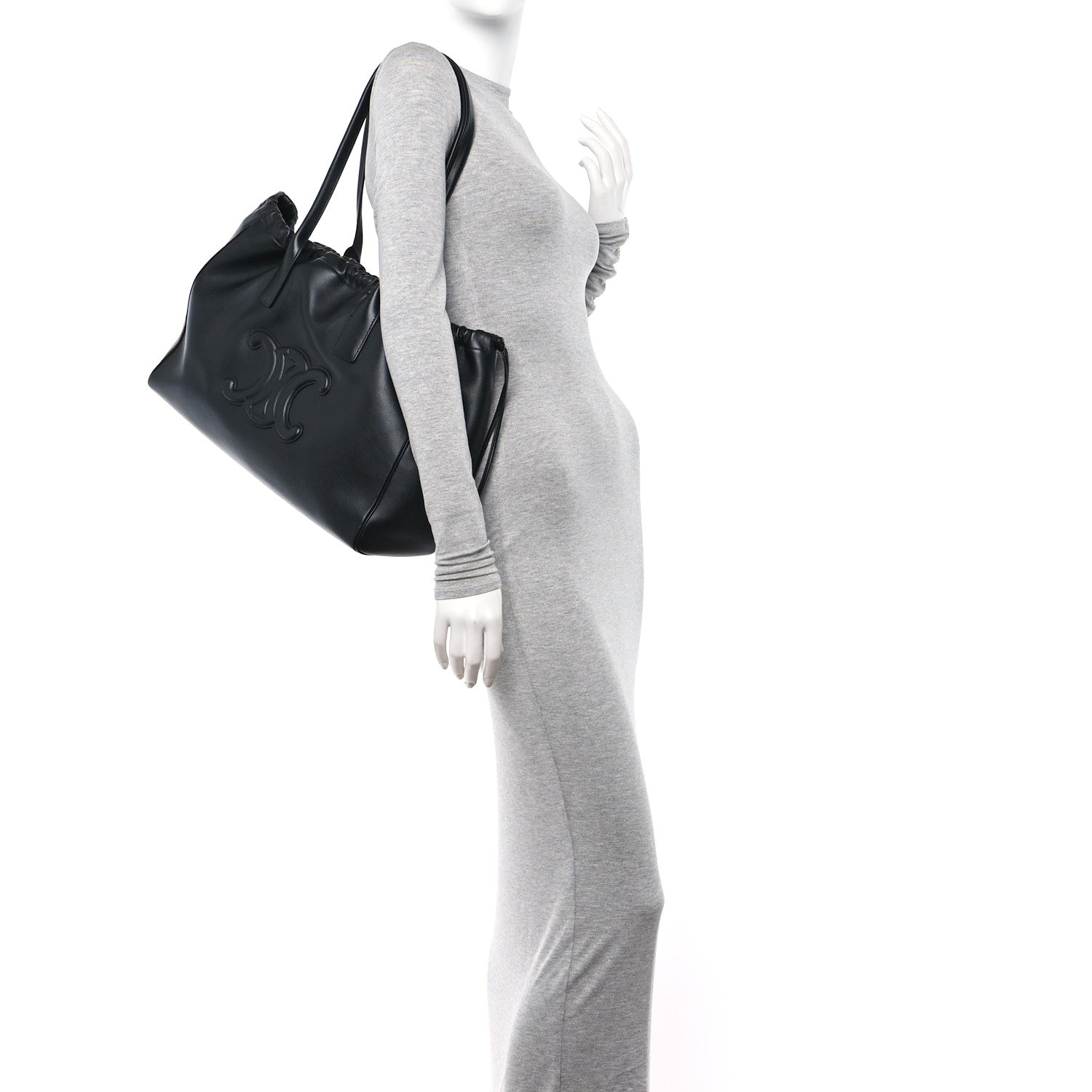 Celine Grained Calfskin Cuir Triomphe Cabas Drawstring Black 2 of 10
