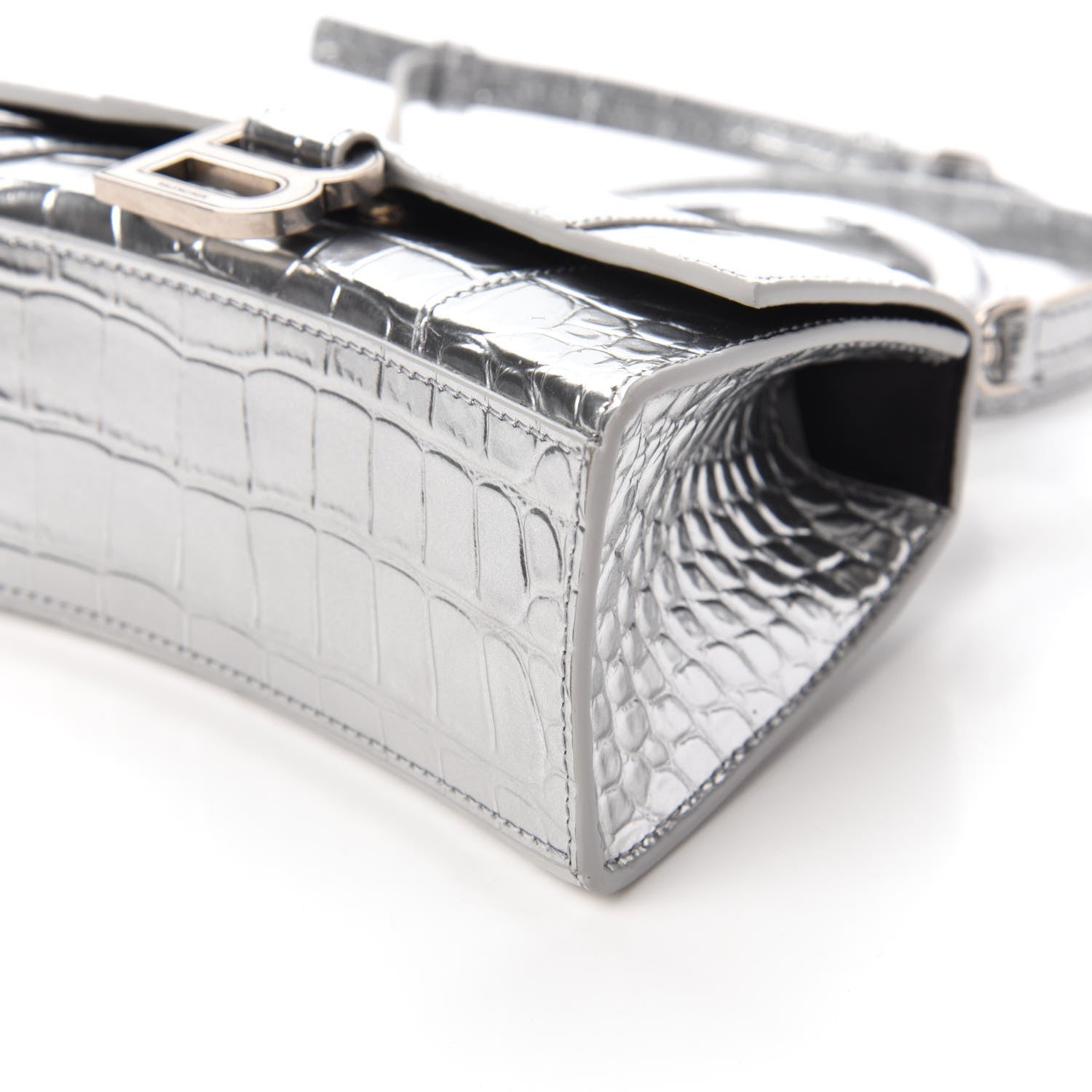 Balenciaga Metallic Calfskin Crocodile Embossed Hourglass Top Handle Bag XS Silver 7 of 9