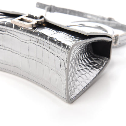 Balenciaga Metallic Calfskin Crocodile Embossed Hourglass Top Handle Bag XS Silver 7 of 9