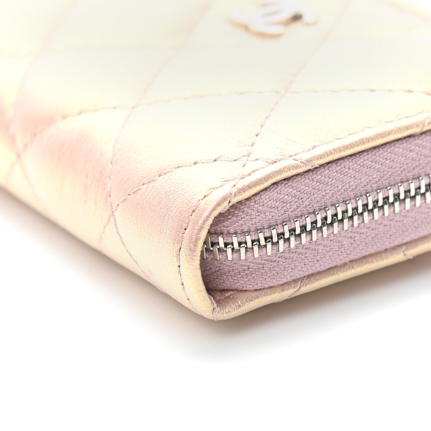 Metallic Calfskin Quilted Zip Around Coin Purse Wallet Pink