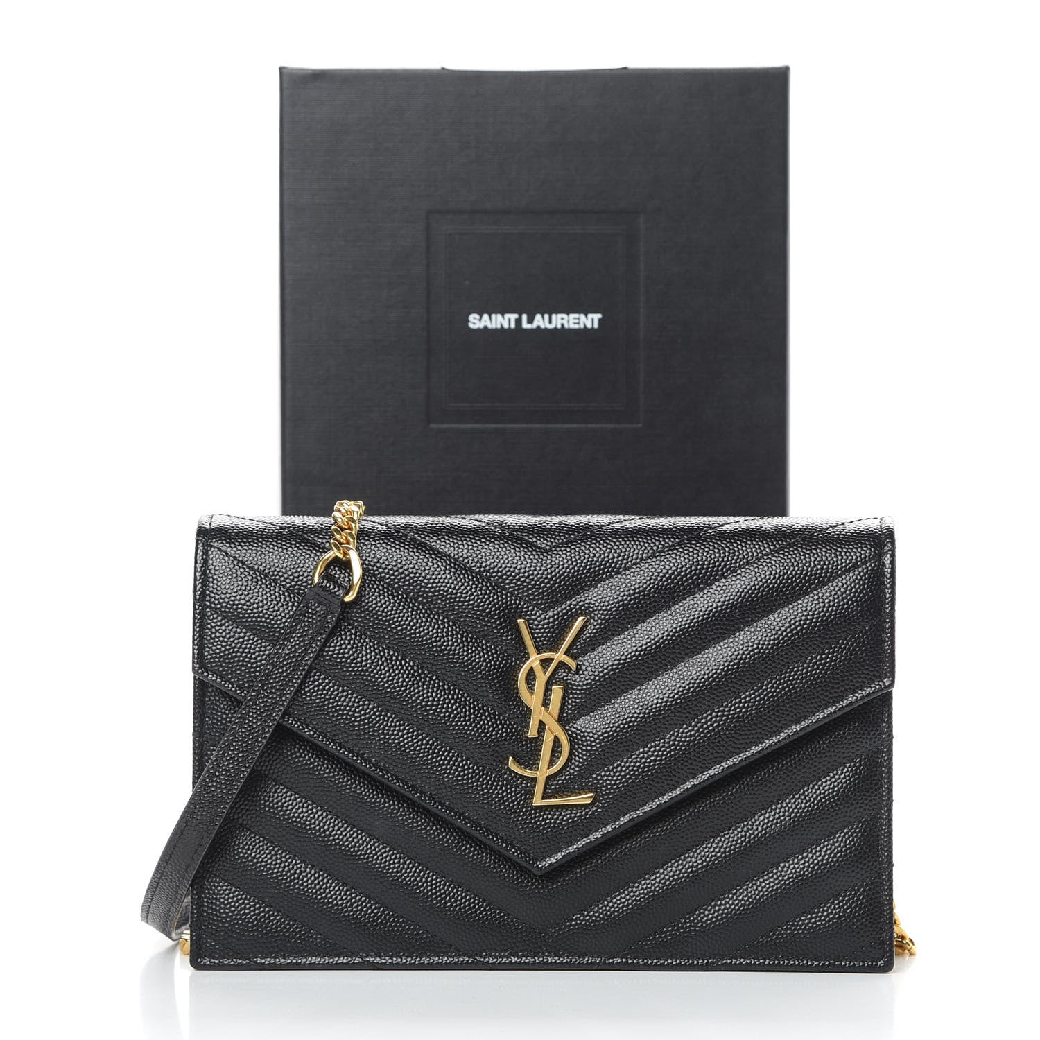 Saint Laurent Grain De Poudre Matelasse Chevron Monogram Envelope Chain Wallet Black 11 of 11