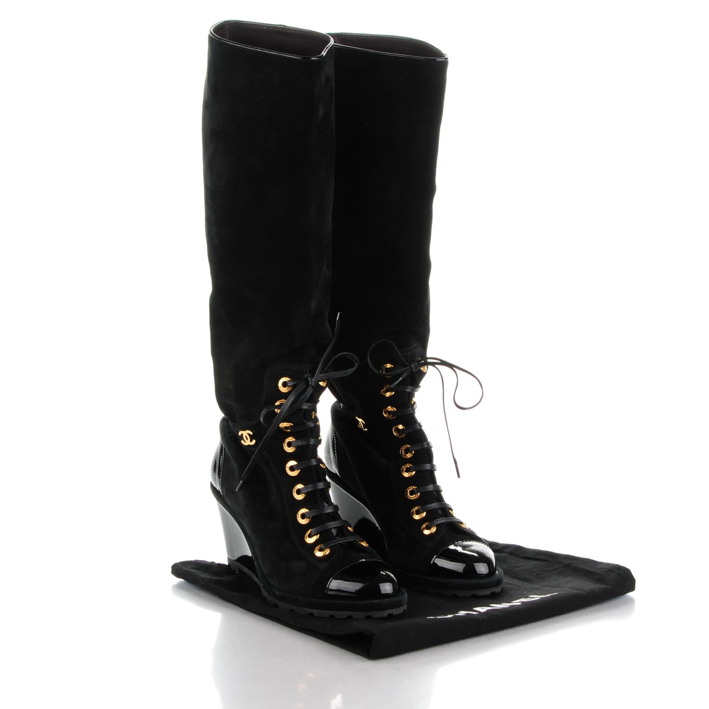 Suede Patent Cap Toe Wedge Boots 40 Black