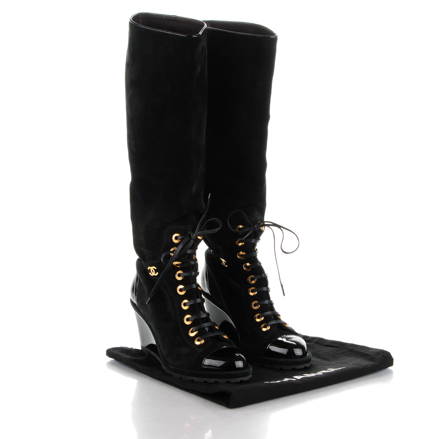 Chanel Suede Patent Cap Toe Wedge Boots 40 Black 8 of 8