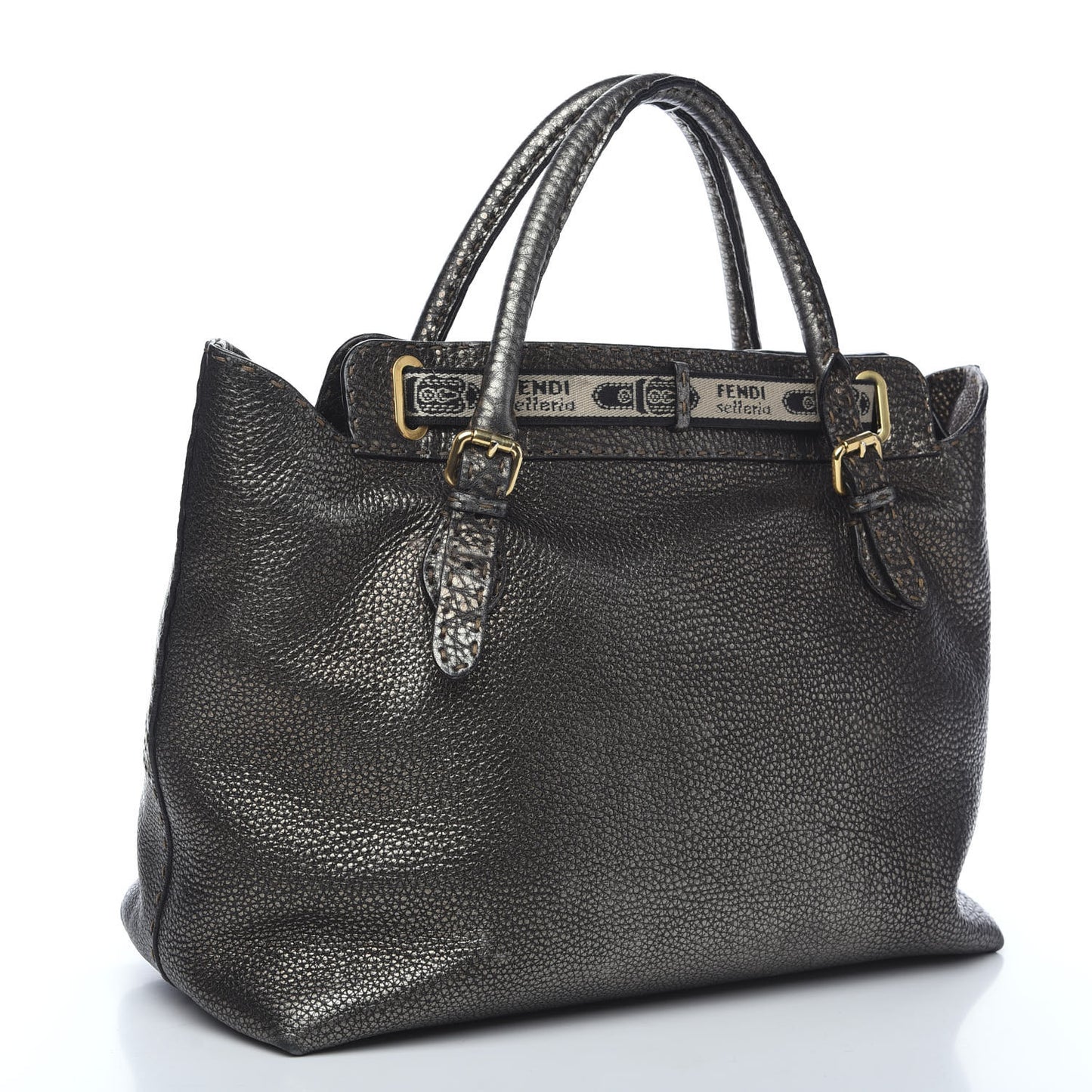 Metallic Calfskin Romano Selleria Large Villa Borghese Tote Black