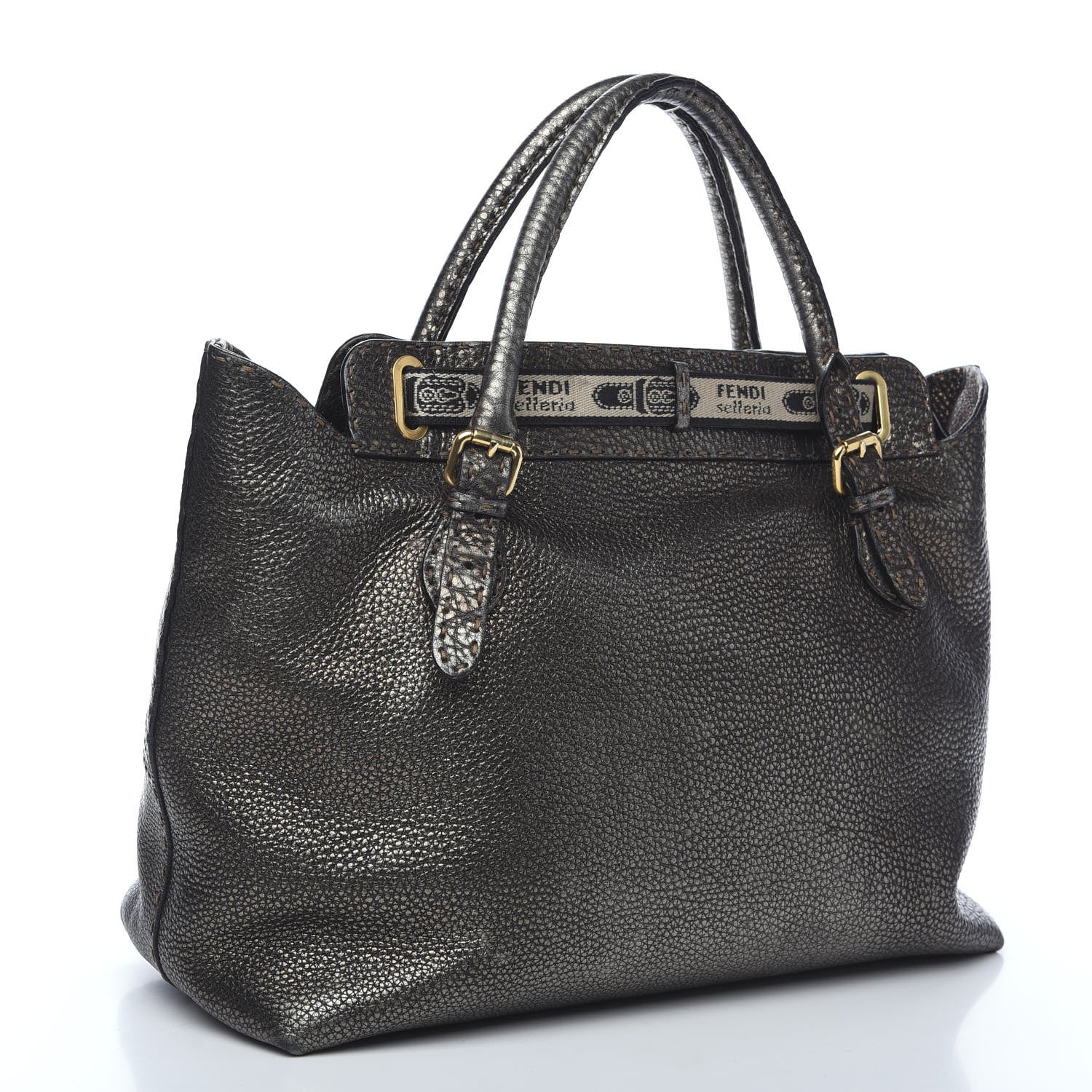 Fendi Metallic Calfskin Romano Selleria Large Villa Borghese Tote Black 2 of 13