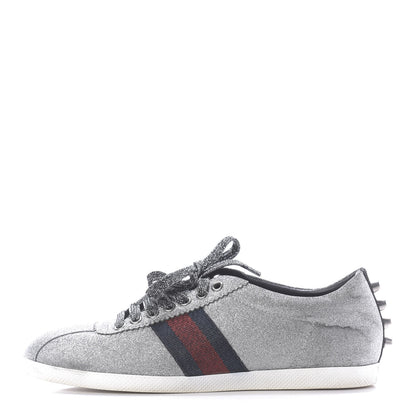 Gucci Glitter Fabric Studded Womens Web Sneakers 39 Silver 1 of 12
