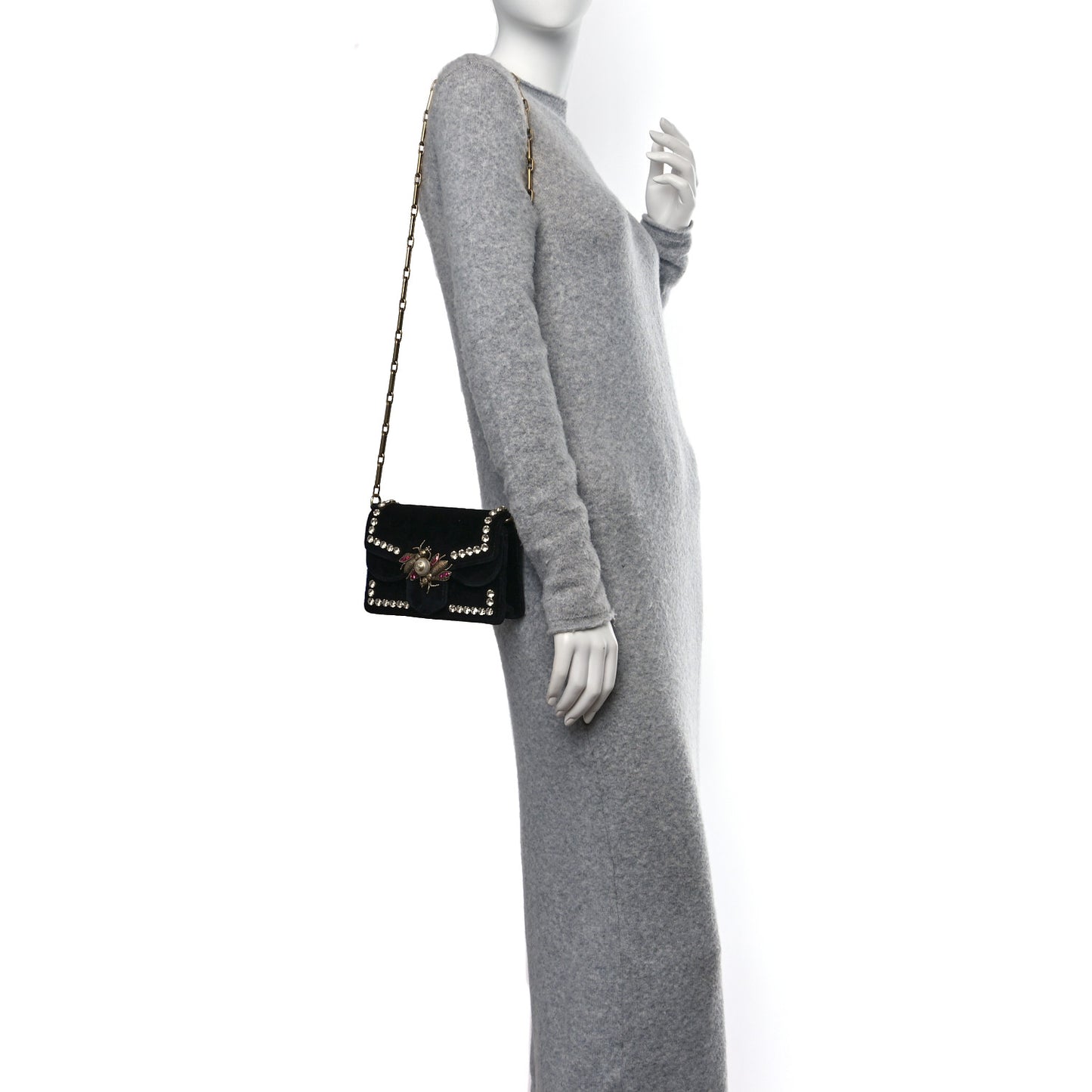 Velvet Crystal Mini Bee Broadway Shoulder Bag Black