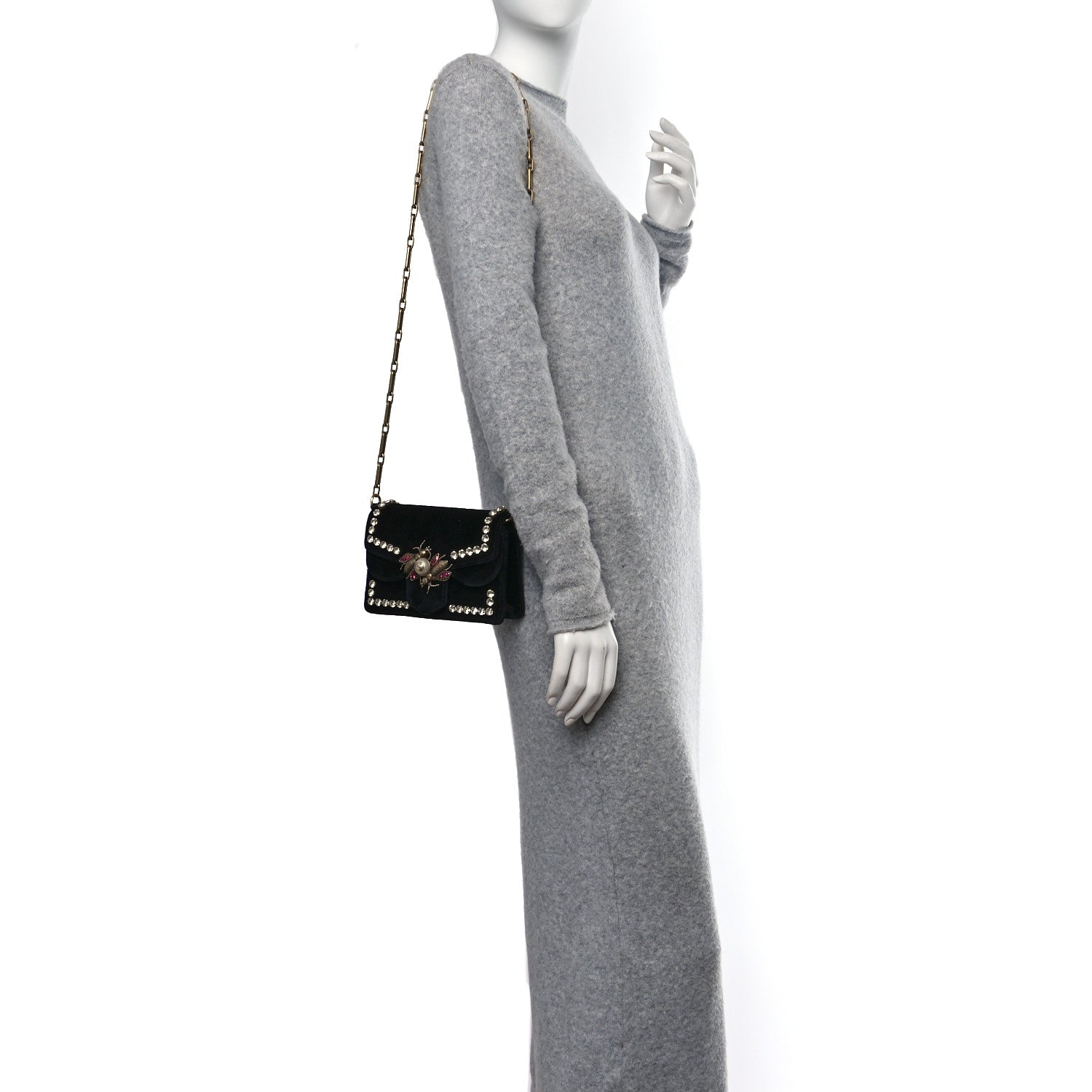 Gucci Velvet Crystal Mini Bee Broadway Shoulder Bag Black 2 of 13