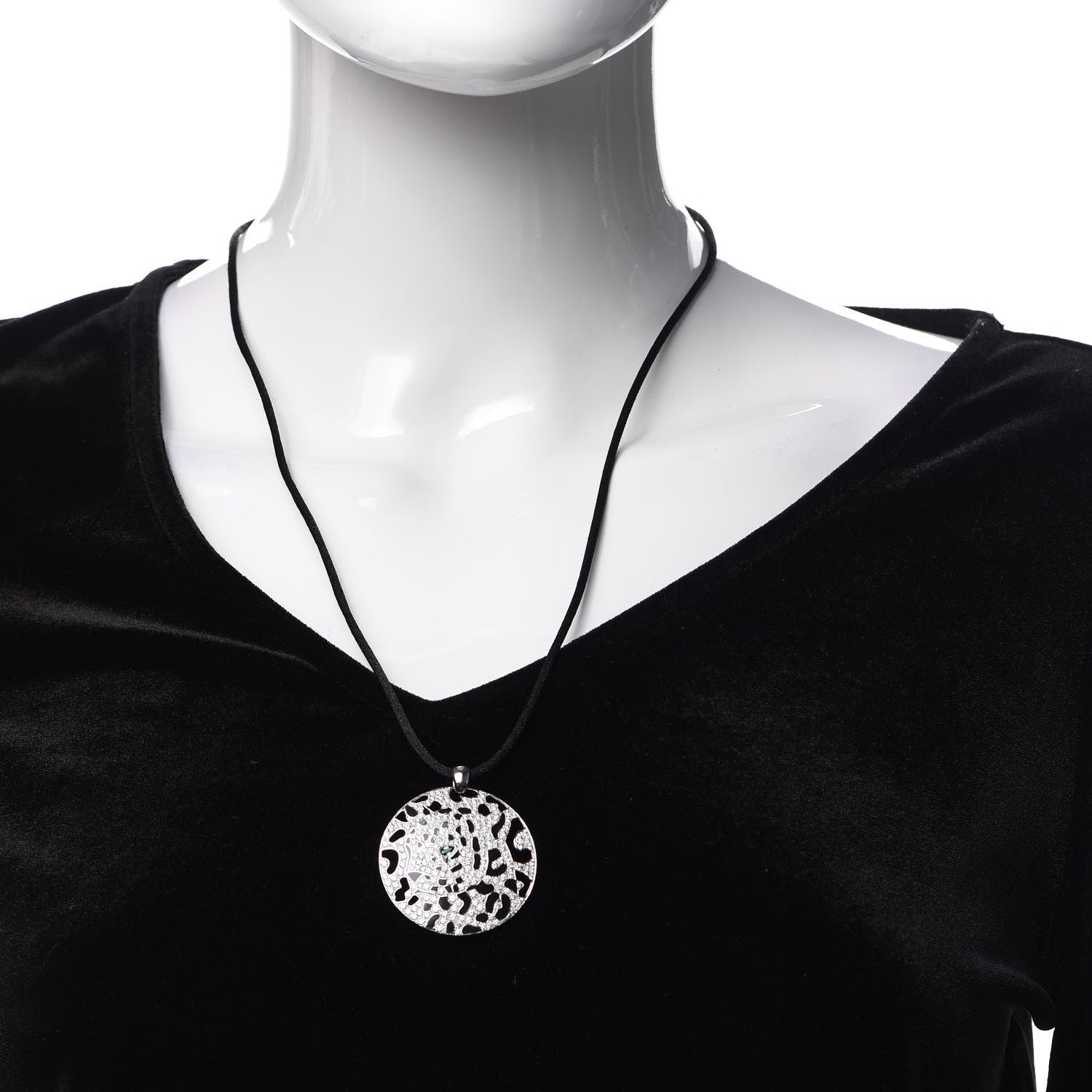 Cartier 18K White Gold Diamond Onyx Emerald Panthere De Cartier Medallion Pendant Cord Necklace 2 of 4