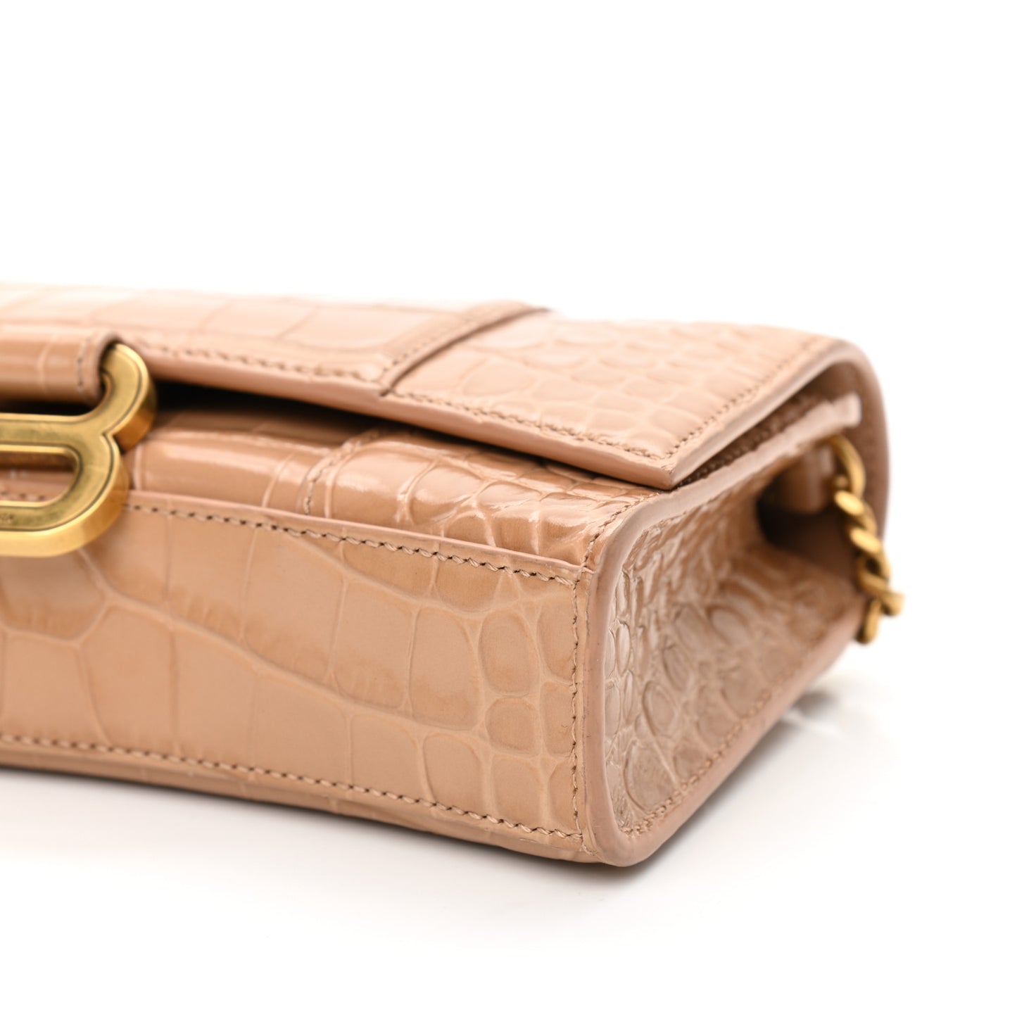 Shiny Calfskin Crocodile Embossed Hourglass Chain Bag Nude Beige