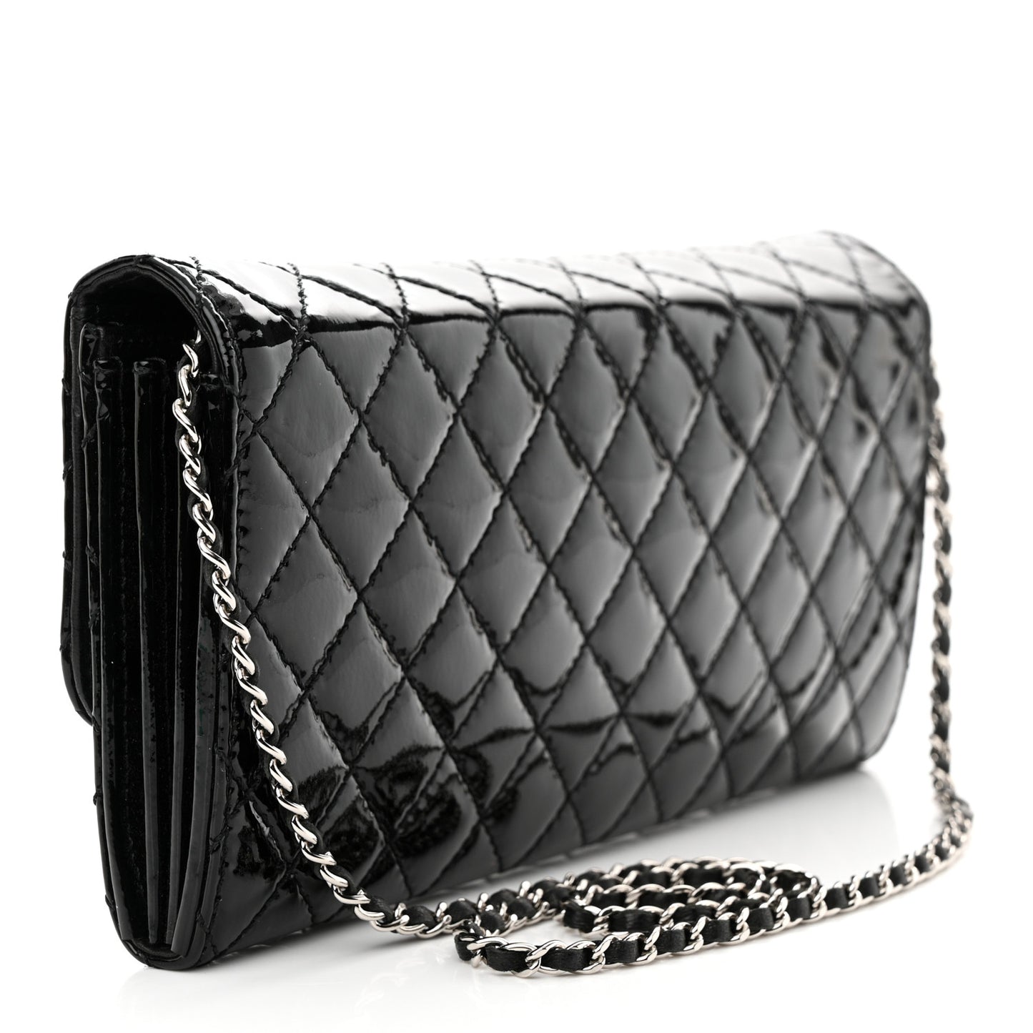 Patent Calfskin Quilted Flap Clutch With Chain Black