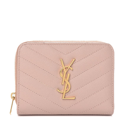 Saint Laurent Grain De Poudre Matelasse Chevron Monogram Compact Zip Around Wallet Pink 1 of 6