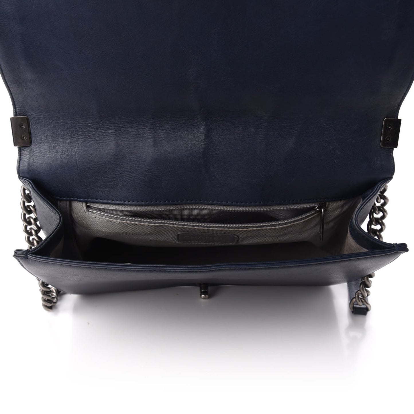 Calfskin Double Stitch Large Boy Flap Navy Blue