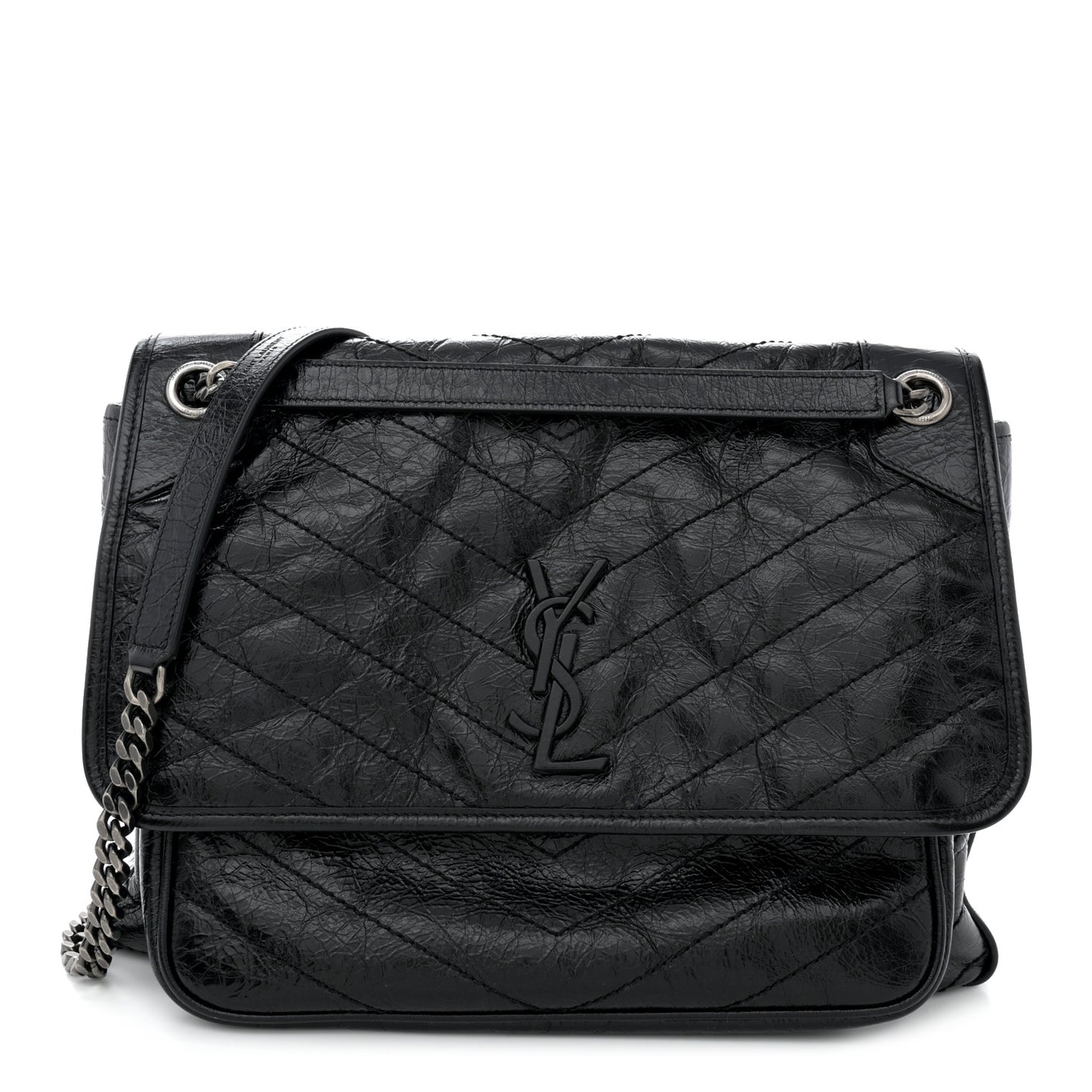 Crinkled Calfskin Matelasse Monogram Large Niki Chain Satchel Black