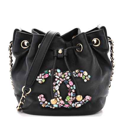 Chanel Lambskin Calfskin Quilted Mini Strass Mania Drawstring Bucket Bag Black 1 of 13