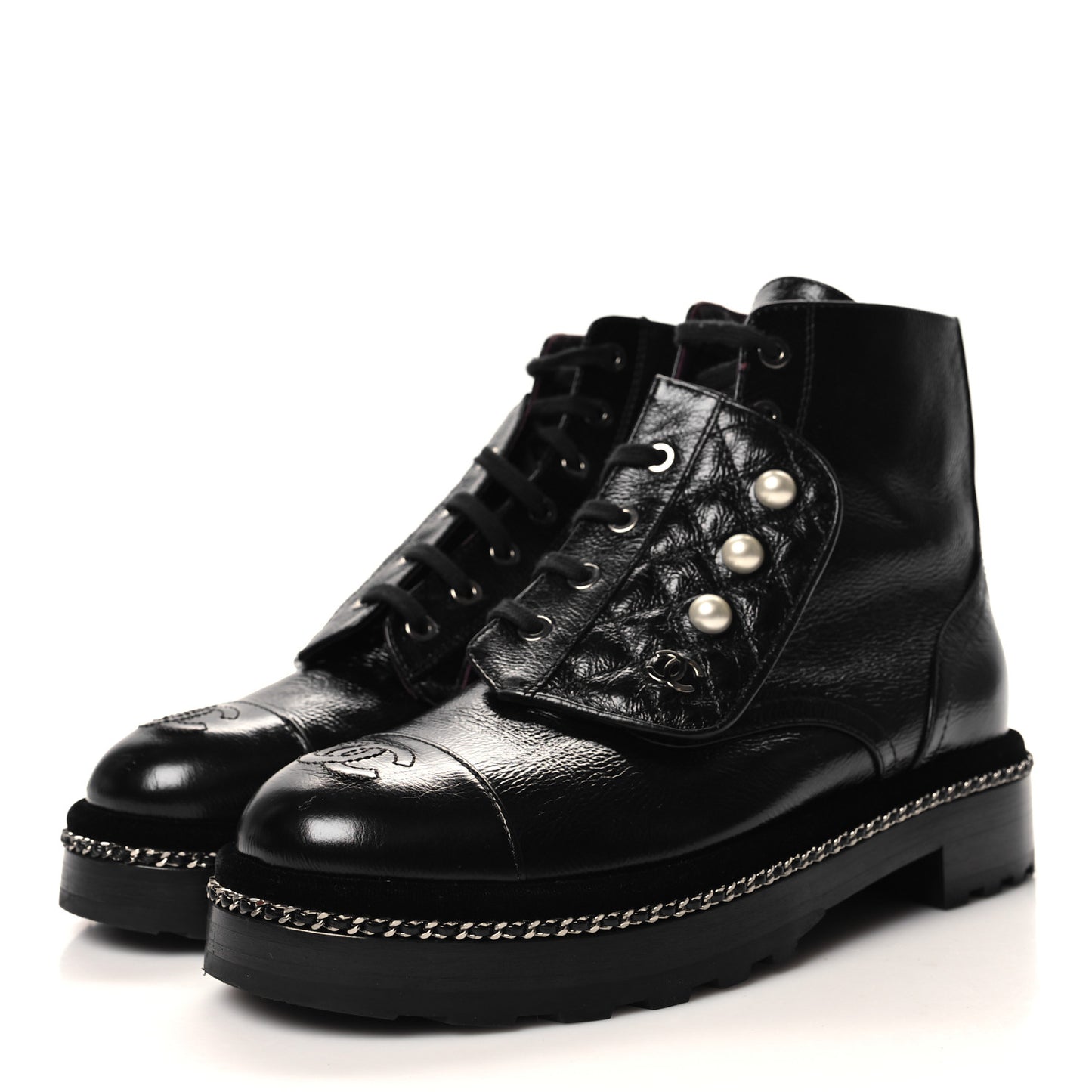 Crackled Calfskin Velvet Pearl Combat Short Boots 39 Black
